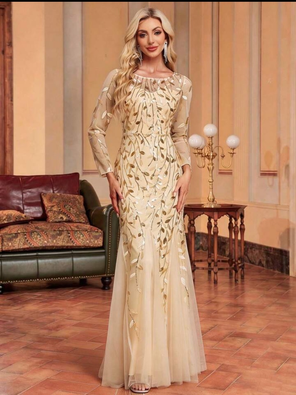 Elegant Long Sleeve Maxi Dress in Champagne with Leaf Embroidery